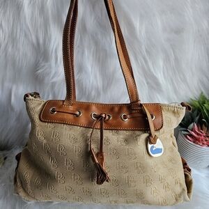 Dooney & Bourke Purse Signature Canvas Tote Khaki Handbag Satchel Leather Tassel